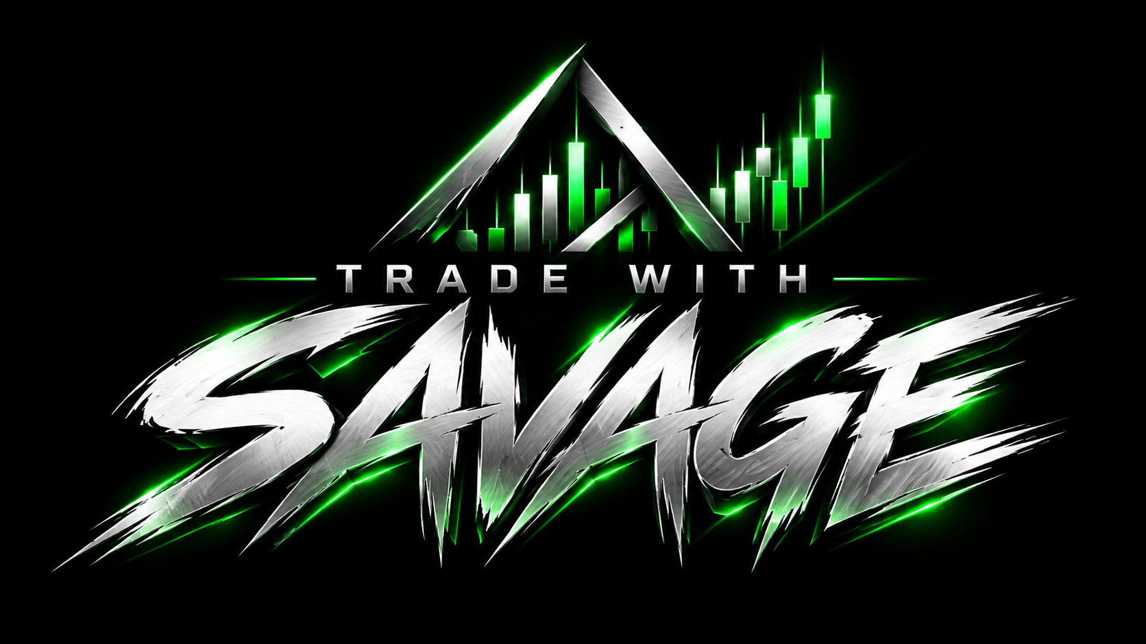 Trade With Savage — metallic silver logo with electric green trading candles